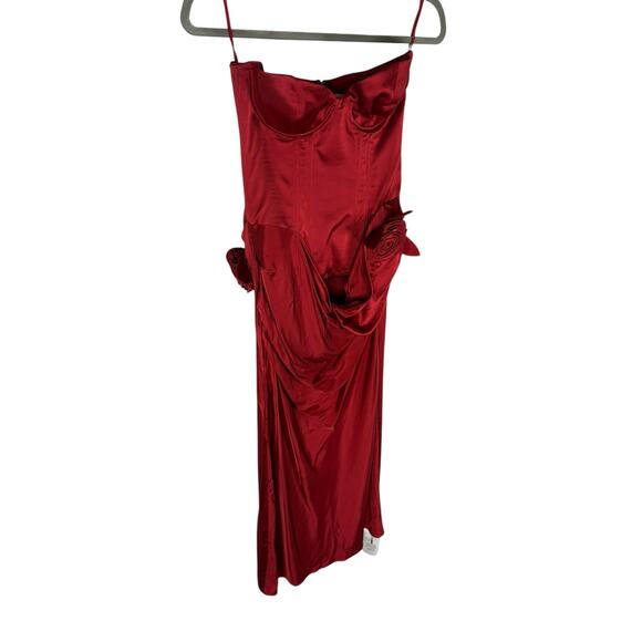 LPA Ilaria Corset Midi Dress Strapless Rosette Formal Party Elegant Red Size S - Picture 5 of 11